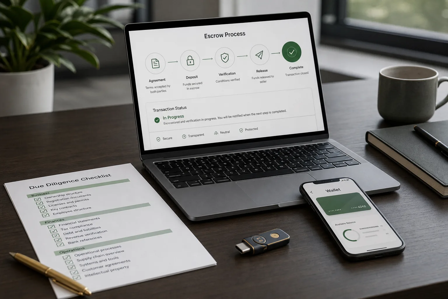 A transaction can use a documented due-diligence checklist and a mutually accepted third-party closing process. Secure ecommerce acquisition process with escrow, due diligence and digital settlement tools